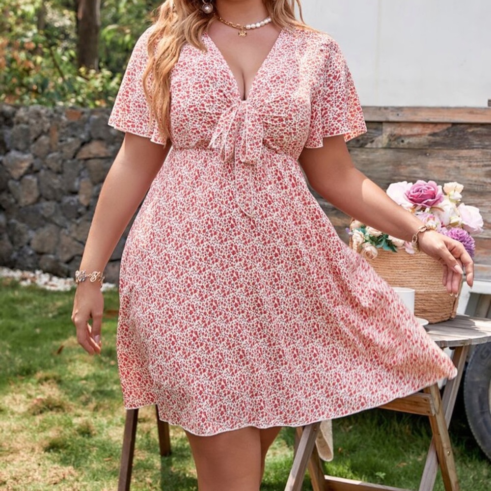 Shein Plus Ditsy Floral Butterfly Sleeve Knot Front Dress Sz 4X